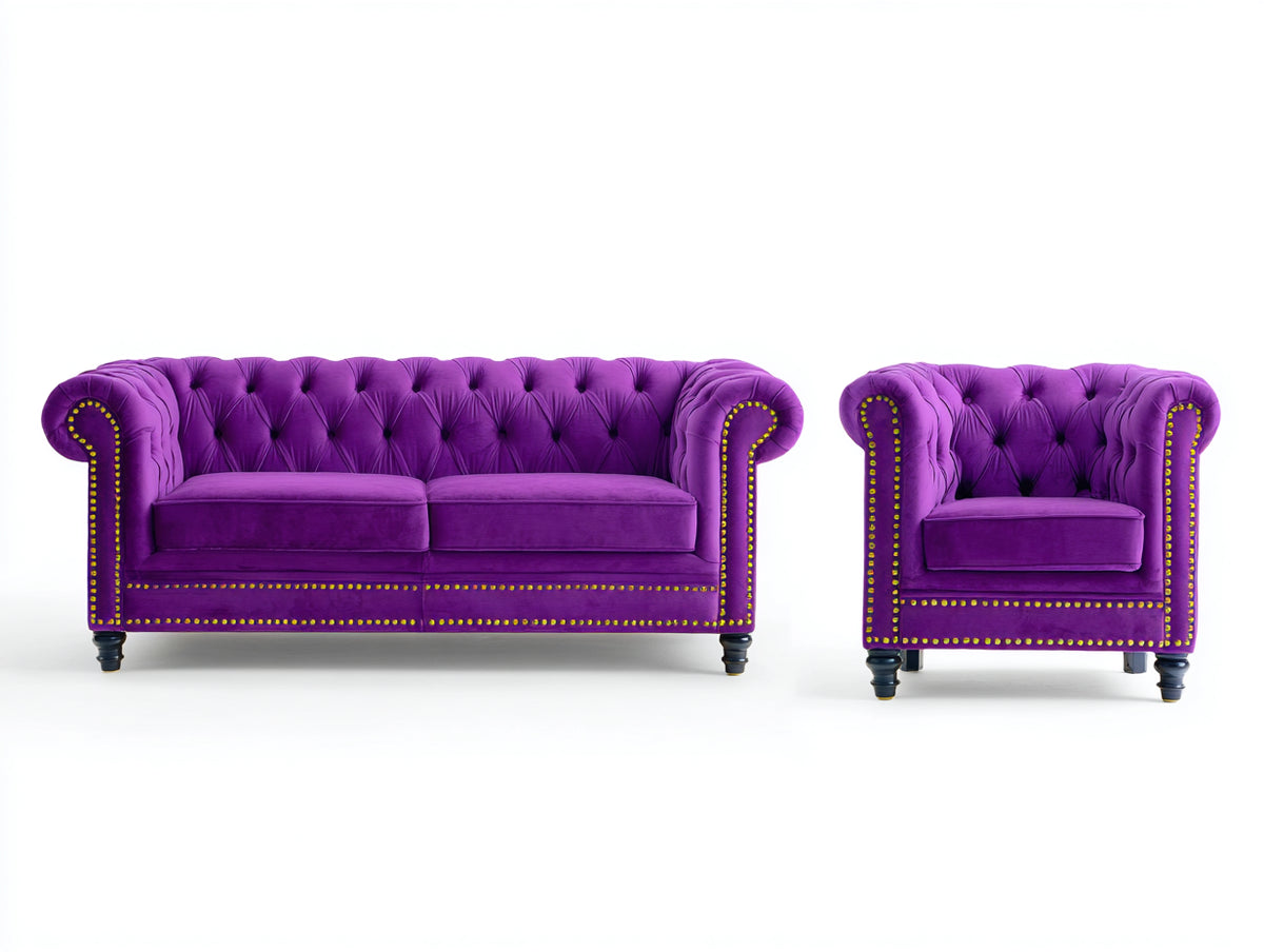 Ensemble de canapés - Velours - 186x88x78 cm - Violet - Style Chesterfield capitonné