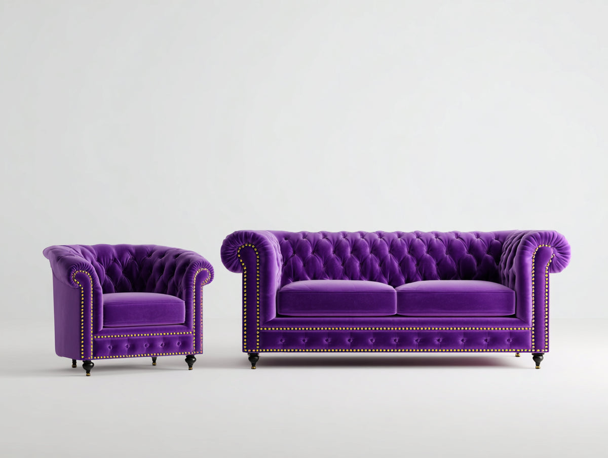 Ensemble de canapés - Velours - 188x91x79 cm - Violet - Style Chesterfield capitonné