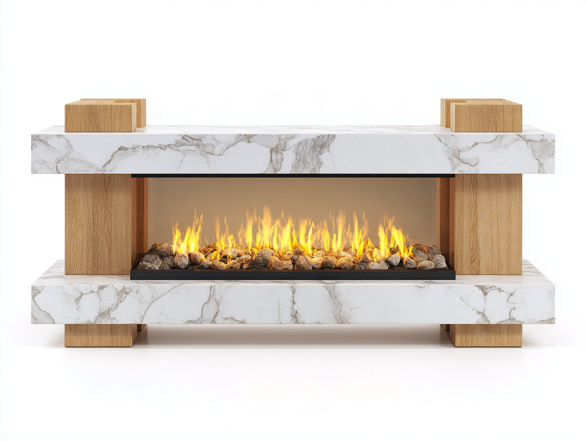 Cheminée électrique-Bois-Marbre-160x38x72 cm-Blanc-Bois naturel-Style contemporain avec effet flamme