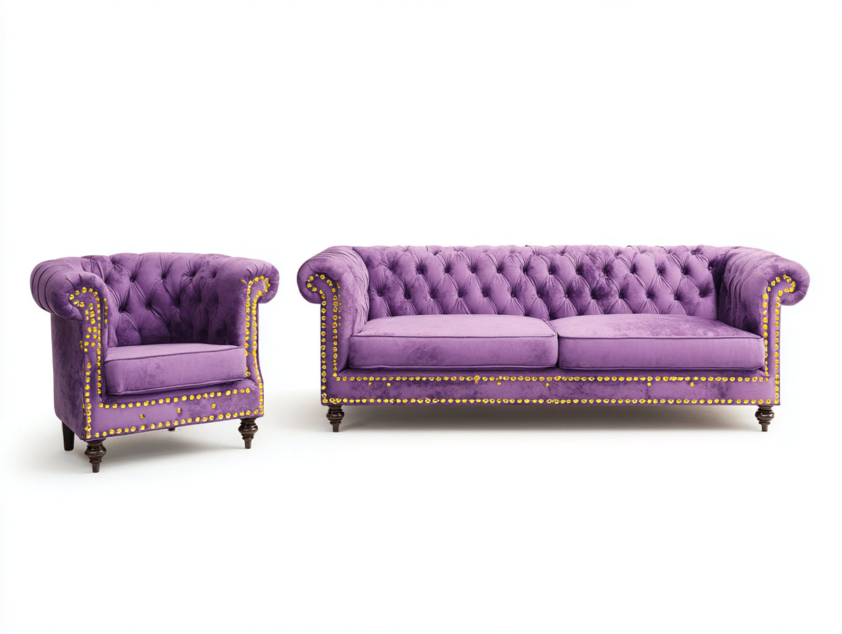 Ensemble de canapés - Velours - 188x91x79 cm - Violet - Style Chesterfield capitonné