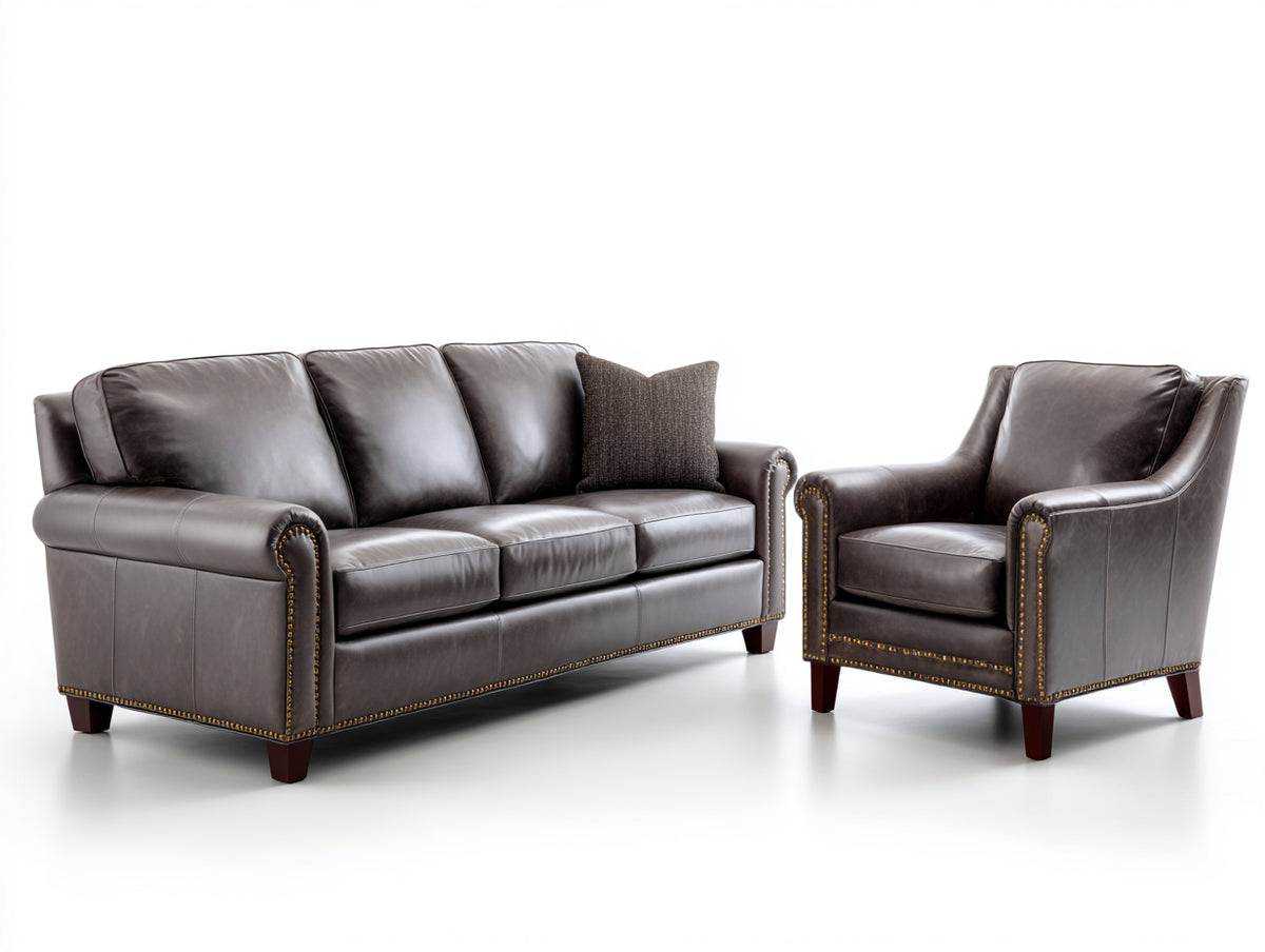 Ensemble de canapés - Similicuir - 218x93x91 cm - Marron foncé - Style classique à clous décoratifs