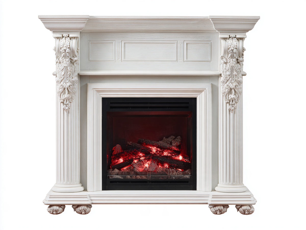 Cheminée électrique-Bois-125x38x108 cm-Blanc-Noir-Style baroque avec effet flamme